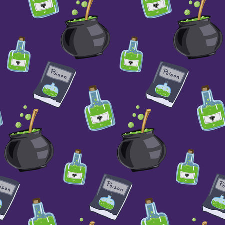 Vector seamless pattern with magical symbols: books, cauldrons.のイラスト素材