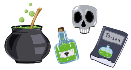 Halloween set. witch's cauldron, poison, skull and book. Isolated objects on a white background.のイラスト素材
