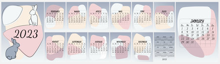 Calendar 2023 with rabbit. Design of calendar with a symbol of the new year. Set of 12 Months calendars.のイラスト素材