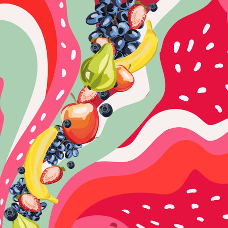 Sweet tropical fruits and mixed berries. Strawberry abstract hand drawn.のイラスト素材
