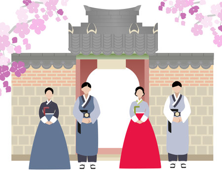Korean hanbok family. Korea gate in flat. Traditional Korean architecture.のイラスト素材