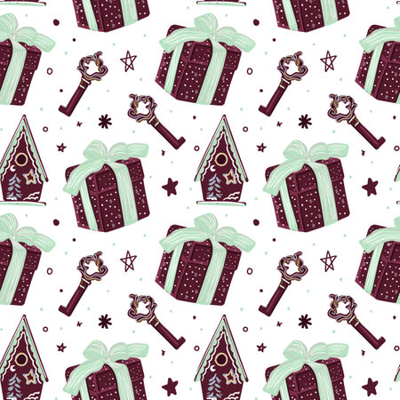 Christmas background with gifts, keys and birdhouses. New Year seamless pattern for greeting cards.のイラスト素材