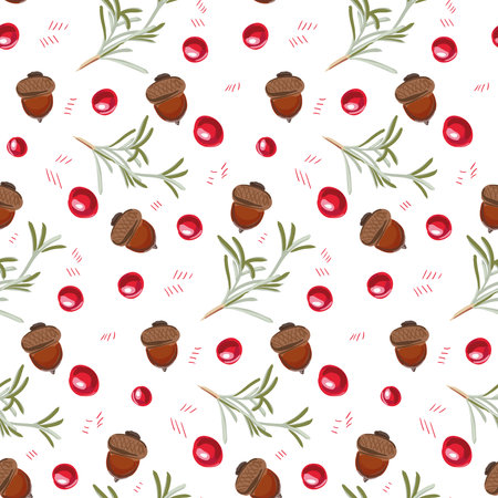 Christmas seamless pattern with acorns and twigs.のイラスト素材