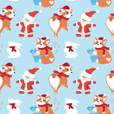 Santa claus, christmas tree and gifts. Christmas seamless background.のイラスト素材