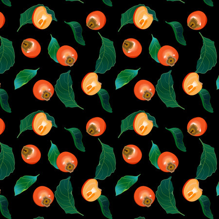 Persimmon seamless pattern on black background.のイラスト素材