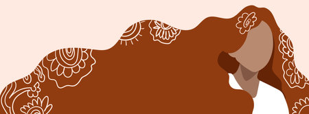 Independence woman s day. Woman with long red hair with hand drawn spring and flower doodles. Horizontal format design ideal for web banner or greeting card.のイラスト素材