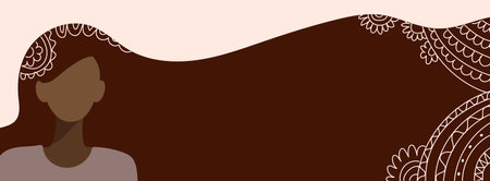 Independence woman s day. Woman with long brown hair with hand drawn spring and flower doodles. Horizontal format design ideal for web banner or greeting card.のイラスト素材