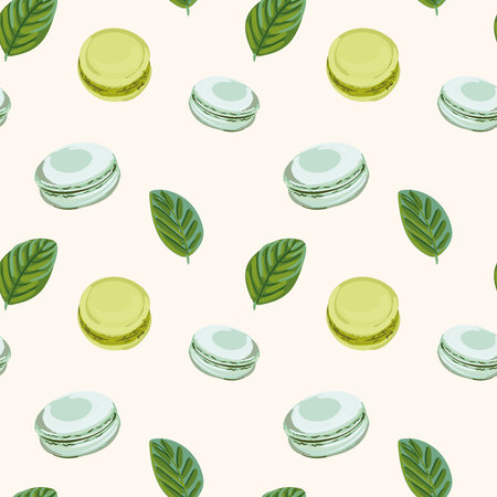 Colorful macarons with mint seamless pattern.のイラスト素材