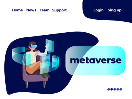 Website design Metaverse digital cyber world technology, woman holding virtual reality glasses surrounded with futuristic interface hologram data.のイラスト素材