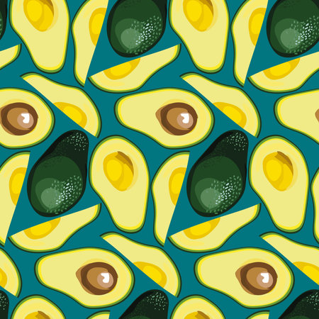 Avocado seamless pattern. Natural organic food print for menu, kitchen wallpaper, home decor, wrapping paper, fabric. Hand drawn flat style.のイラスト素材