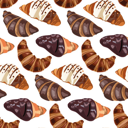Croissant with different fillings cream chocolate and sesame. Seamless pattern on white background.のイラスト素材