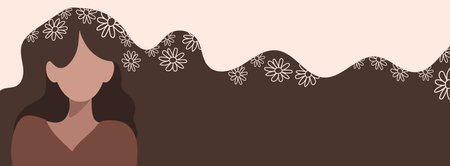Independence woman s day. Woman with long brown hair with hand drawn spring and flower doodles....