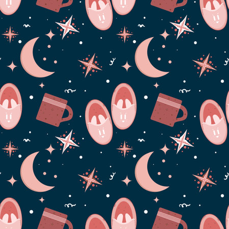 Cozy background with house slippers, mug of cocoa and moon.のイラスト素材
