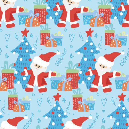 Santa claus, christmas tree and gifts. Christmas seamless background. Texture for packages, postcards.の写真素材