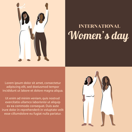 Happy womens day flat style. Diverse women standing together for feminism, freedom, independence, empowerment, women rights, equality. Greeting card, posterのイラスト素材