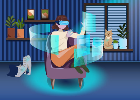digital cyber world technology, woman holding virtual reality glasses surrounded with futuristic interface 3d hologram data, woman in a cozy room with cats and plants. Vector illustration.の写真素材