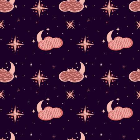 Hygge bakground. Hygge Autumn and winter pattern. Cute and cosy vector seamless pattern. Illustration of moon, clouds, rainbow.のイラスト素材