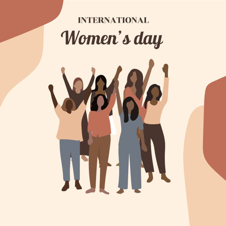 Happy womens day flat style. Diverse women standing together for feminism, freedom, independence, empowerment, women rights, equality.のイラスト素材