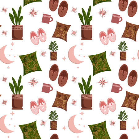 Vector seamless pattern with home decor and plants in the apartment of the Scandinavian Interior. Colorful modern illustration in simple hand-drawn style.のイラスト素材