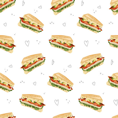 Delicious sandwiches vector seamless pattern. Beautiful food design elements, perfect for any business related to the food industry.のイラスト素材