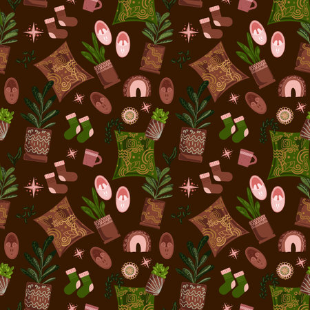 Vector seamless pattern with home decor and plants in the apartment of the Scandinavian Interior. Colorful modern illustration in simple hand-drawn style in monochrome colors.のイラスト素材