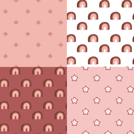 Rainbow and stars on a pink background. Cute backgrounds set. Template for design backgrounds, textile, wrapping paper, package.のイラスト素材