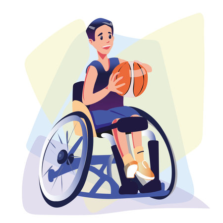 Man on wheelchairs play basketball. Physical activity, rehabilitation for people with physical disabilities or musculoskeletal system diseases. Adaptive wheelchair sport.のイラスト素材