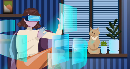Metaverse digital cyber world technology, woman holding virtual reality glasses surrounded with futuristic interface 3d hologram data, woman in a cozy room with cats and plants. Vector illustration.の写真素材