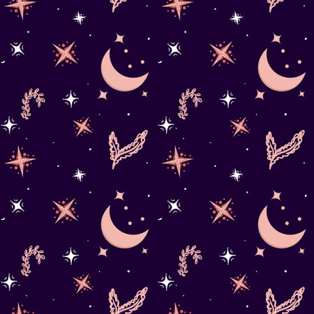 Hygge bakground. Hygge Autumn and winter pattern. Cute and cosy vector seamless pattern. Illustration of moon, clouds, rainbow.のイラスト素材