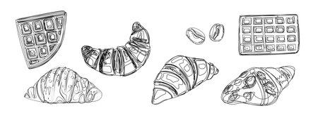 Croissant, waffles and coffee beans black and white sketch. Pastry isolated on white background. Illustration for the design of menus, showcases and packages, etc.のイラスト素材