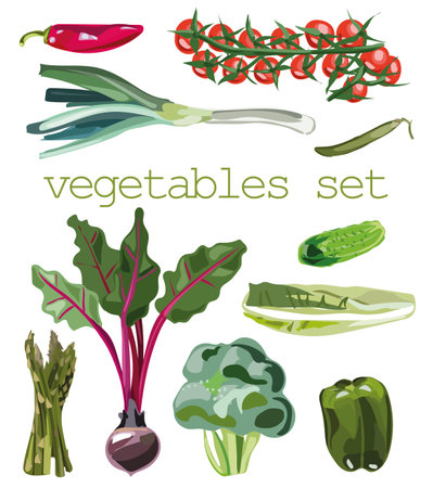 Vector set of vegetables in cartoon style. Collection farm product for restaurant menu, market label.のイラスト素材