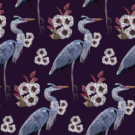 Crane, feathers and twigs seamless pattern. Embroidery of a bird. Print for textiles, packaging, decorations, paper and wallpaper.の写真素材