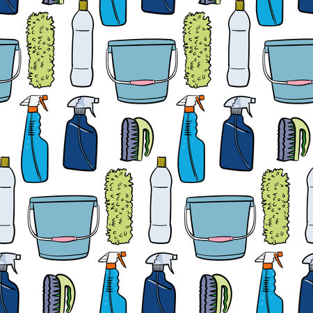 Cleaning maid service vector seamless pattern. Vacuum cleaner and professional hygiene service for domestic household chores.のイラスト素材