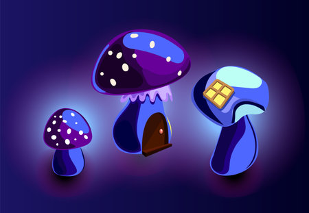 Psychedelic mushrooms houses cartoon. Collection of vector magic fantasy mushrooms glowing in the dark. For web, video games, user interface, design printingの写真素材