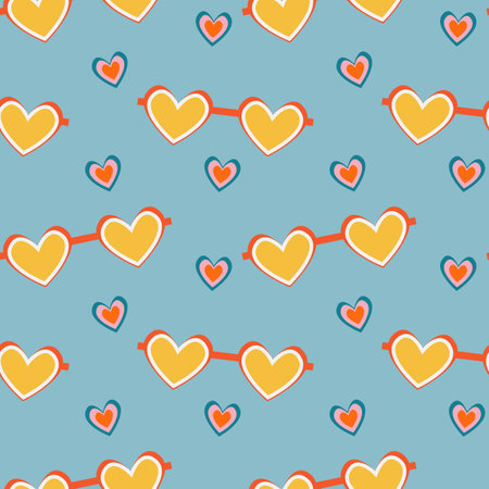 Retro glasses seamless pattern. Glasses in the style of the 70s. Hippie background, Hand drawn colored vector seamless pattern.のイラスト素材