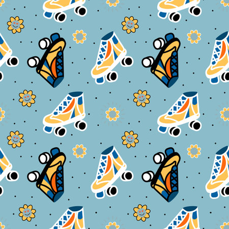 Cute retro roller skates. Vintage texture for wrapping paper. Cartoon 70s 80s comic style background.のイラスト素材