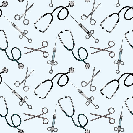 Medical instruments seamless pattern on a blue background. Scissors, syringe, tweezers, laryngoscope and stethoscope. Endless seamless background for medicine, Doctor s Day.のイラスト素材