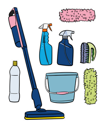 Housework and cleaning workers concept. Bucket with cleaning supplies, bottles, spray, sponge, brush, gloves.のイラスト素材