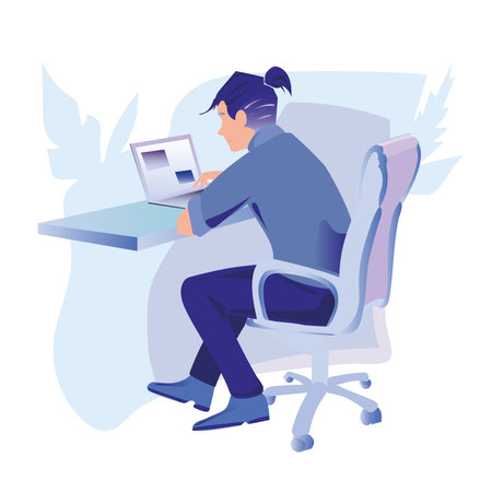 Working at home vector flat style illustration. Online career. Coworking space illustration. Young man freelancers working on laptop or computer. Concept of time or project management.のイラスト素材