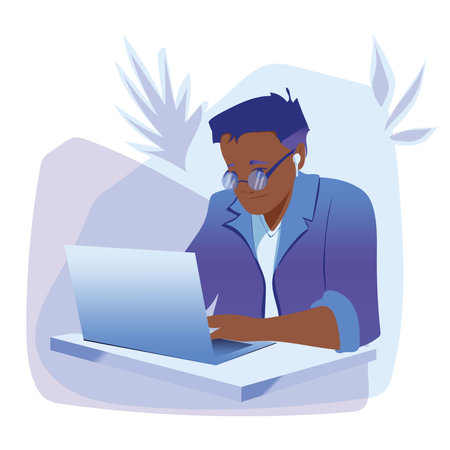 Working at home vector flat style illustration. Online career. Coworking space illustration. Young man freelancers working on laptop or computer.のイラスト素材