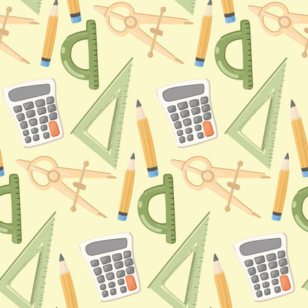 Online education seamless pattern. Vector flat icons of education supplies, scissors, calculator, magnifier and paints Vector illustration.のイラスト素材
