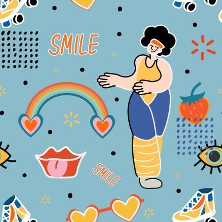 Groovy seamless patterns with funny happy woman, rainbow, wave, chess, mesh. Vector backgrounds in trendy retro trippy style. Hippie 60s, 70s style.のイラスト素材