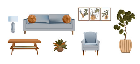 Furniture for the interior. Boho style, blue sofa, coffee table, tuned pattern set, lamp, blue armchair, home flowers.. Isolated objects on a white background.のイラスト素材