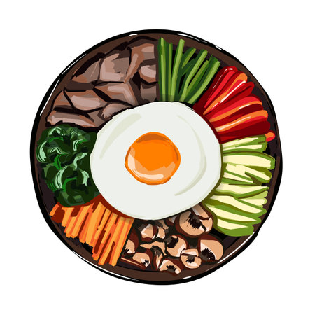 Korean food, Mixed Rice Bibimbab on white background. Illustration for restaurant menu. Top view. Vector illustration.のイラスト素材