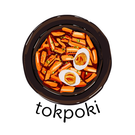 Korean food, tokpoki on white background. Illustration for restaurant menu. Top view. Vector illustration.のイラスト素材