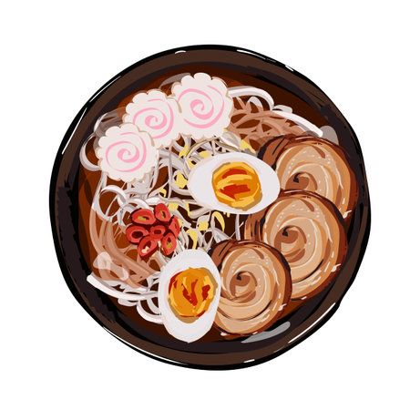 Japanese ramen soup with pork, noodles, eggs, chopped green onion. Illustration for restaurant menu. Top view. Vector illustration.のイラスト素材