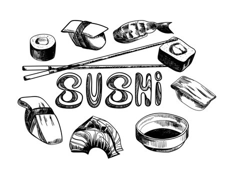 Japanese sushi food round shape. Elements of Asian cuisine in a round shape. Sushi menu concept. Black and white graphics, vector food illustration.のイラスト素材