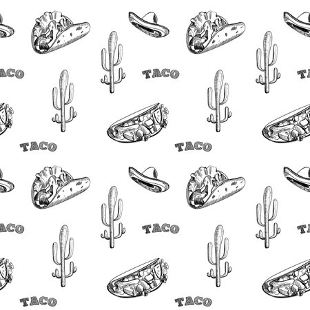 Tacos seamless pattern, hand drawn illustration. Mexican cuisine. Fast food menu design. Hand drawn tacos. Mexican food. design for fashion , fabric, textile, wallpaper and cover. Vector illustration.の写真素材