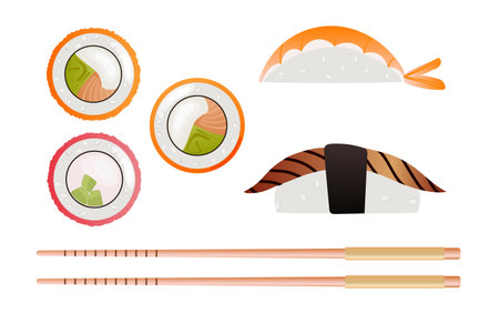 Colorful sushi and rolls set of different types and chopsticks isolated on white background. Vector illustration, cartoon style.のイラスト素材