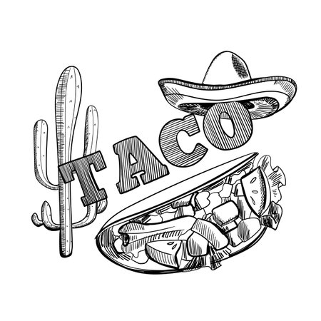 Tacos hand drawn illustration. Mexican cuisine frame. Fast food menu design elements. Tacos hand drawn frame. Mexican food. Mexican cuisine frame, stylish design with sketch illustration.のイラスト素材